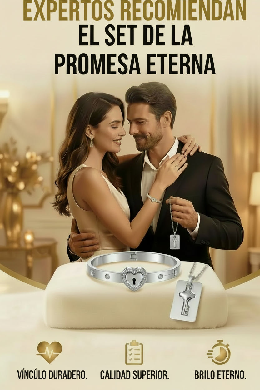Set Candado de Amor Bañada en ORo Blanco - Empaque de Lujo