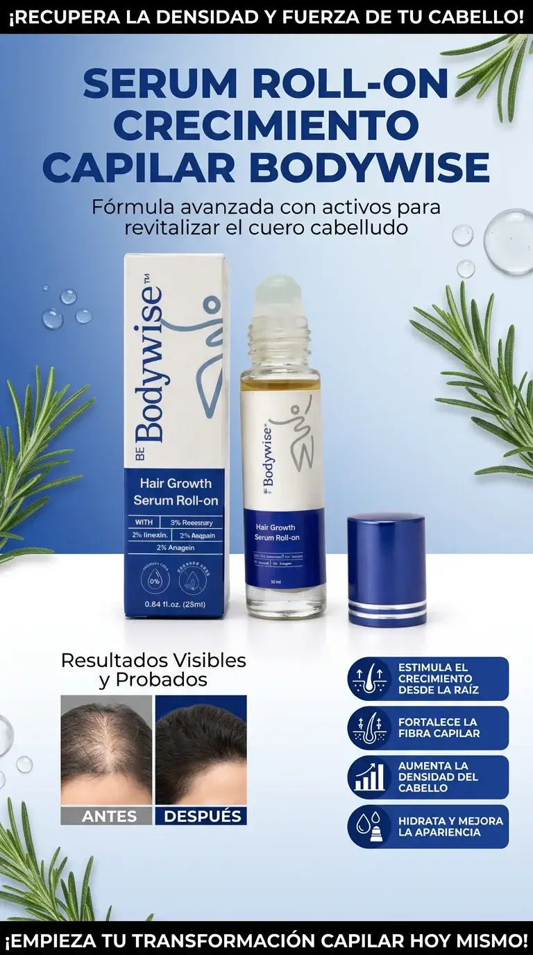 Bodywise Hair Growth Serum Roll-On | Paga 1 Lleva otro Gratis – Fortalece y Revitaliza tu Cabello